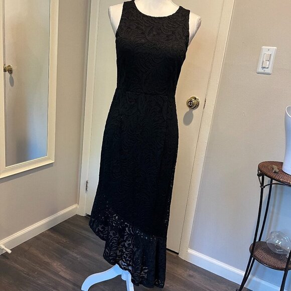 INC International Concepts Black Asymmetric Lace Sleeveless Dress, Size 4 - Picture 3 of 16